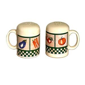Vintage Salt and Pepper Shaker Vegetable Green Check Pattern Ceramic MCM Himark
